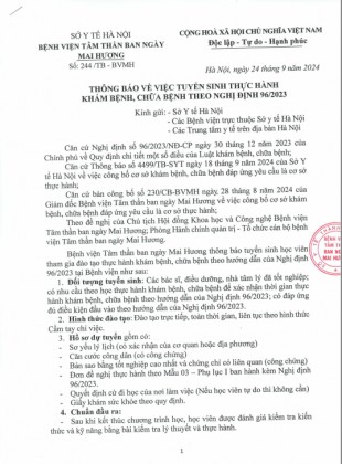  BỆNH VIỆN TÂM THẦN BAN NGÀY MAI HƯƠNG  ĐƯỢC SỞ Y TẾ HÀ NỘI CHẤP THUẬN ĐÀO TẠO THỰC HÀNH KHÁM BỆNH, CHỮA BỆNH THEO NGHỊ ĐỊNH 96/2023.